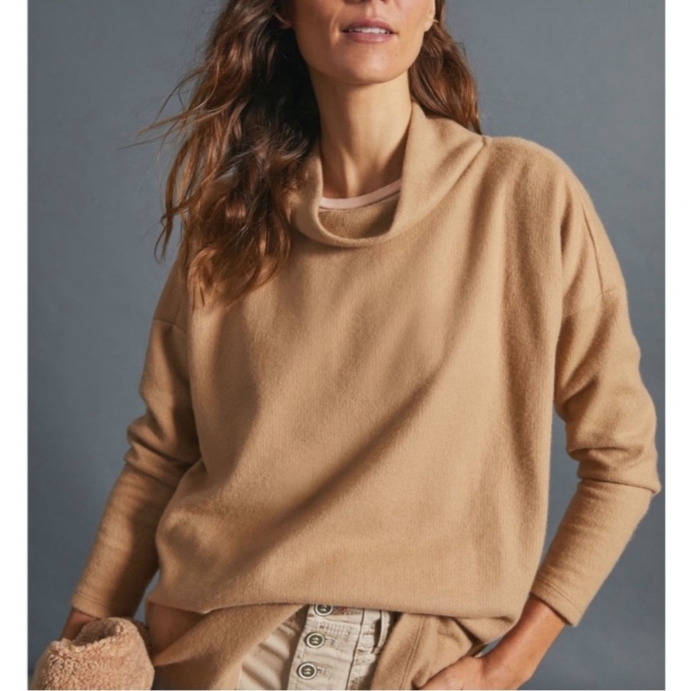 Anthropologie || Theresa Mock Neck Tunic Pullover Sweater Top Camel Tan XS